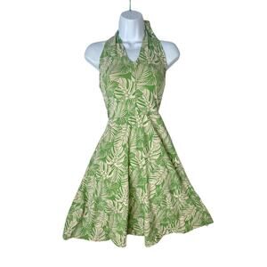 Pact Organic Cotton Sage Green Halter Neck Dress Tropical Monstera Leaf sz S
